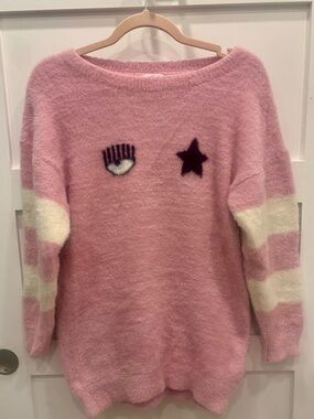 Chiara Ferragni Pink Fuzzy Eye & Star Sweater with White Stripes